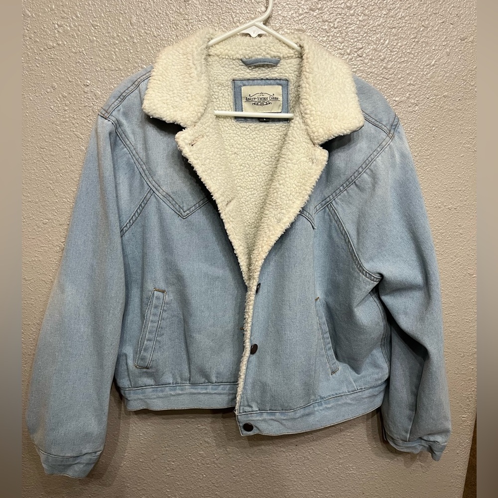 Ashley Vintage Charm Long Sherpa Denim Coat Jacket Patch Pockets Women's Large